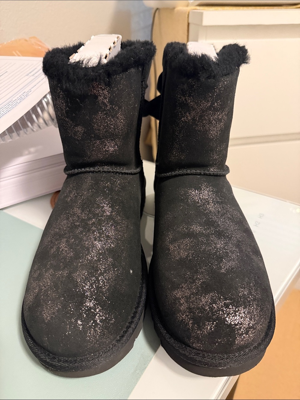 Bailey Bow Black Sparkle Short Shearling Boots - Women